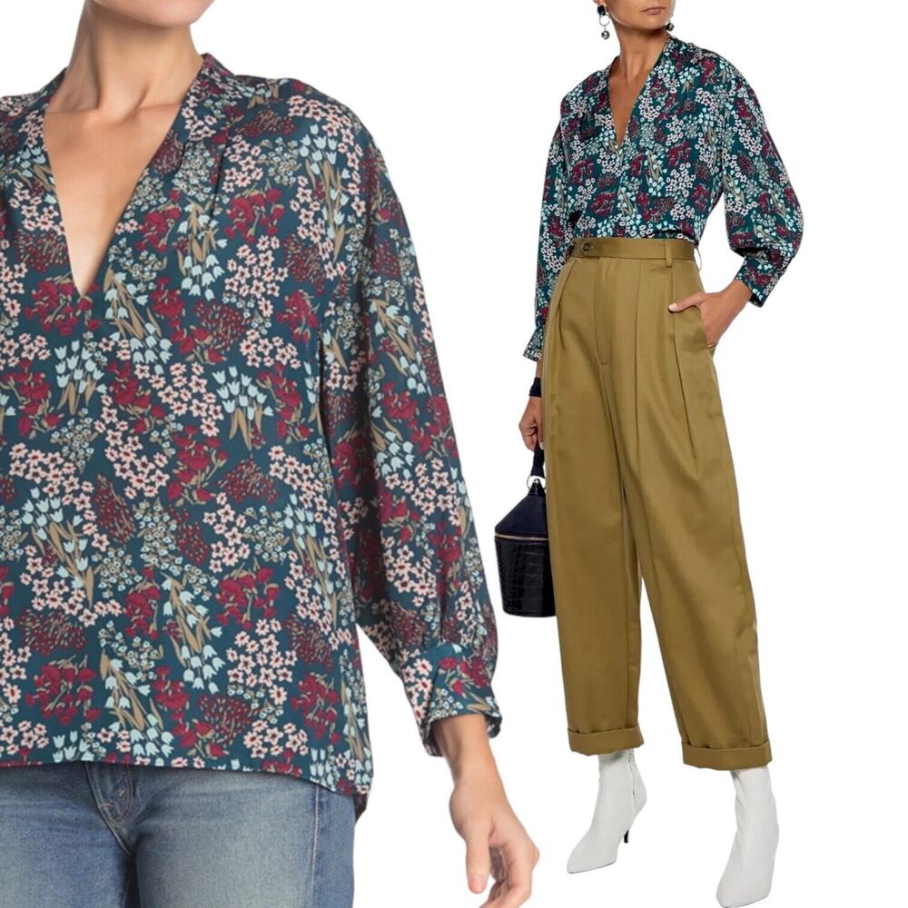 JOIE Ninarika Floral Blouse V-Neck 3/4 Sleeve Soft Cozy Fall Multicolor Large